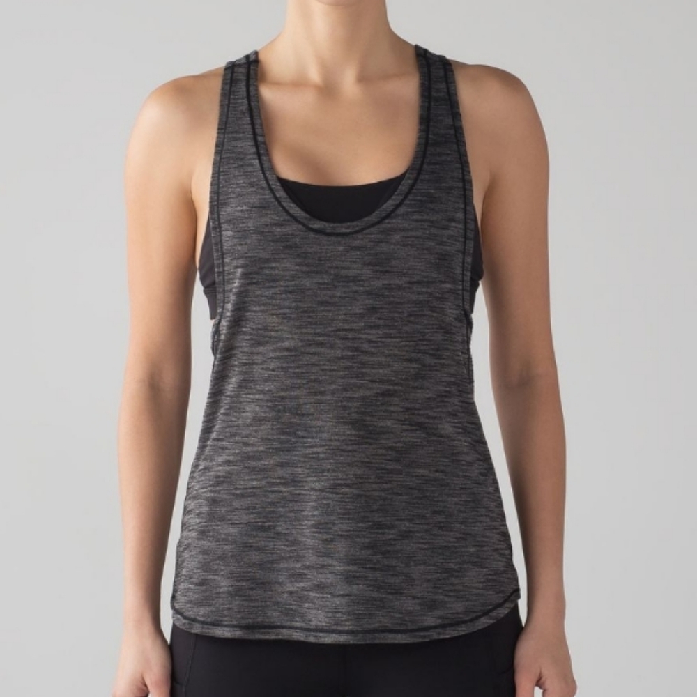 Lululemon Top Glide Stride Tank Sports Built-in Bra Racerback Black Gray Mesh 6